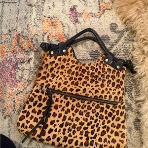 Brown and Black Shoulder Bag with Leopard Print Design